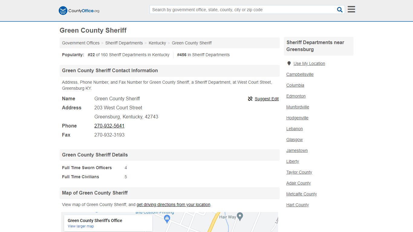 Green County Sheriff - Greensburg, KY (Address, Phone, and Fax)